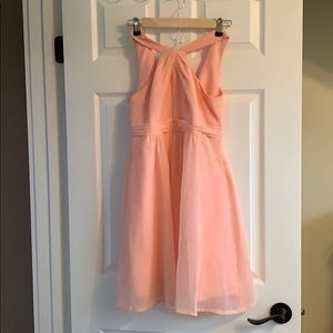 Y neck, David’s bridal short bridesmaid dress